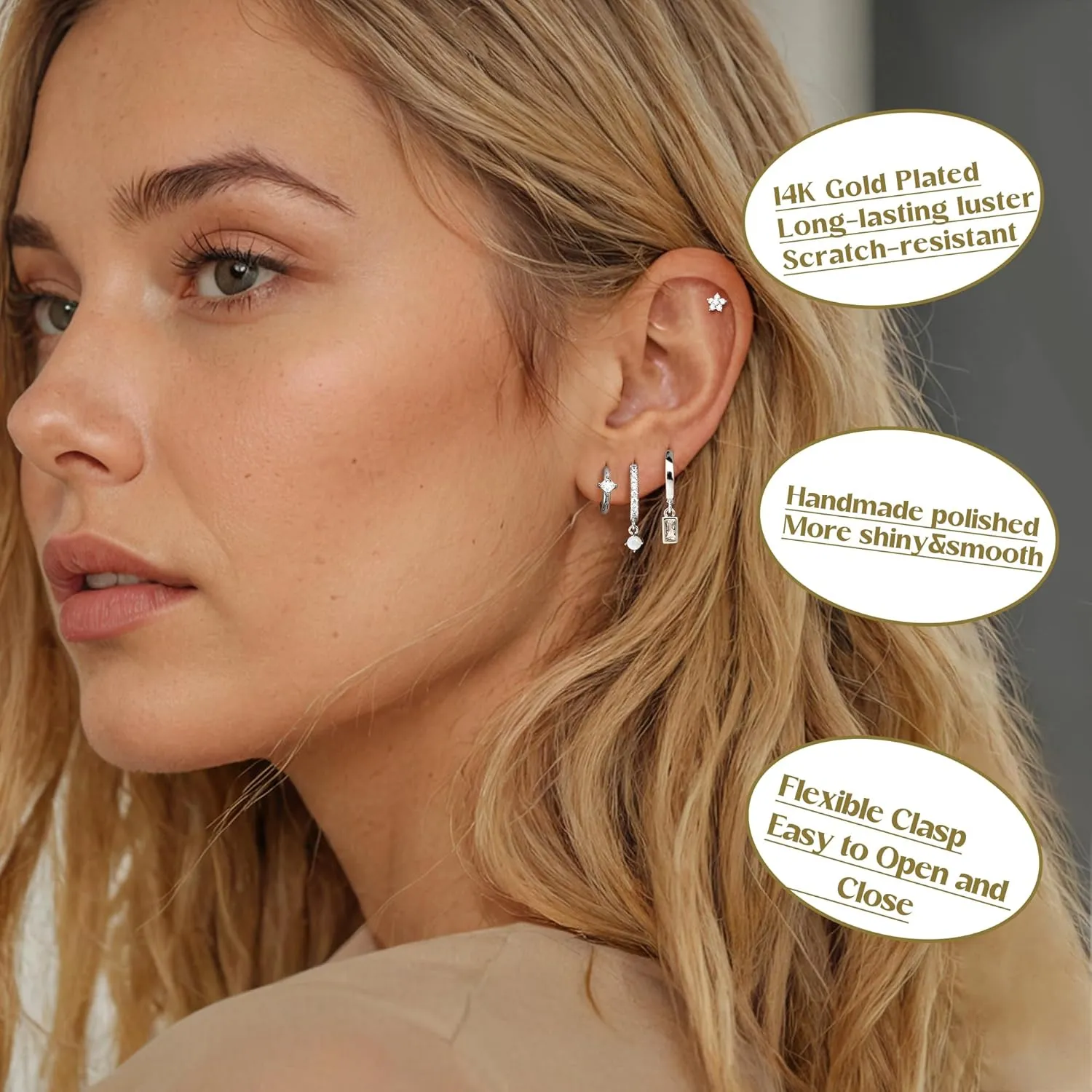 MILACOLATO 4 Pairs Silver Earrings for Women Trendy, 14K Gold Filled/Sterling Silver Plated Hypoallergenic Stud Huggie Hoop Earrings, Lightweight Gold Cartilage Earrings Stacks for Multiple Piercing Jewelry Gifts