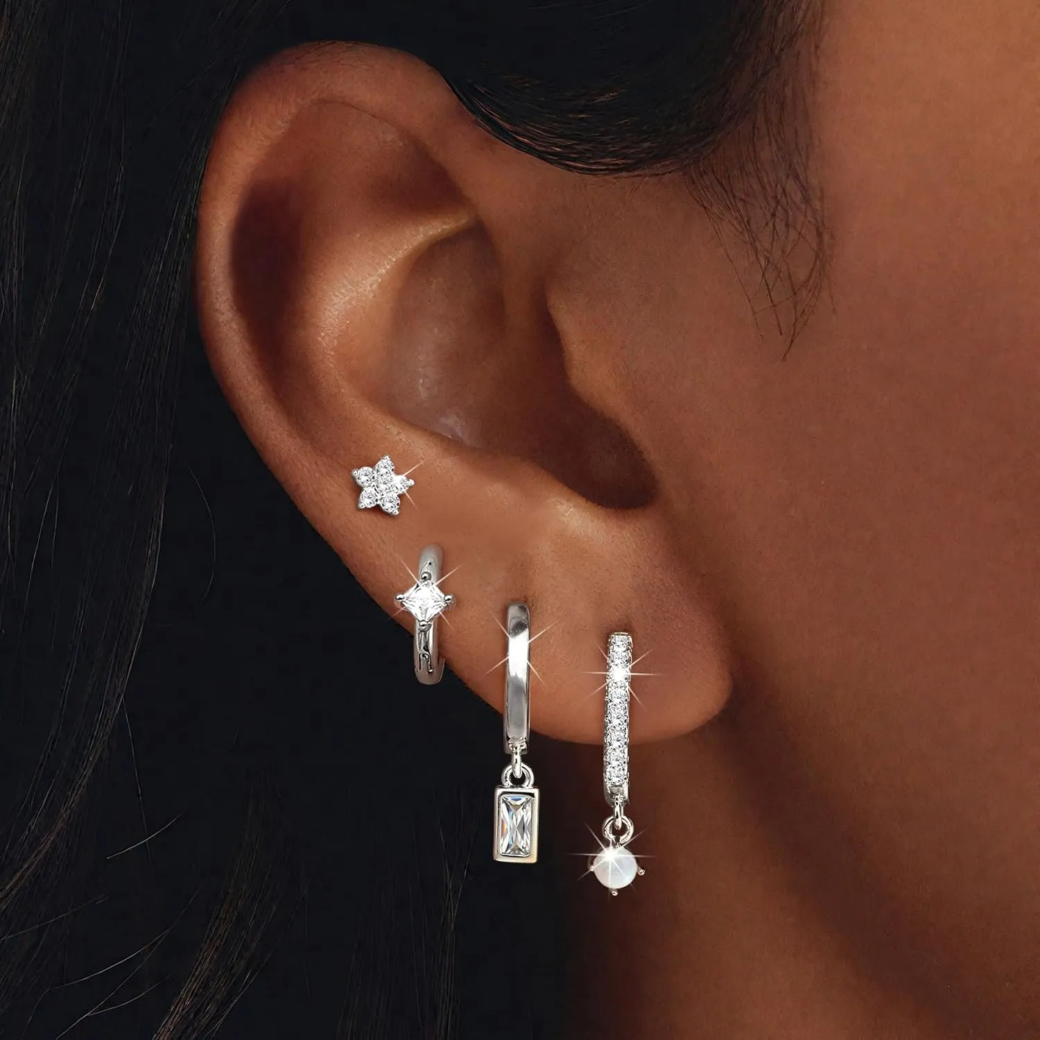 MILACOLATO 4 Pairs Silver Earrings for Women Trendy, 14K Gold Filled/Sterling Silver Plated Hypoallergenic Stud Huggie Hoop Earrings, Lightweight Gold Cartilage Earrings Stacks for Multiple Piercing Jewelry Gifts