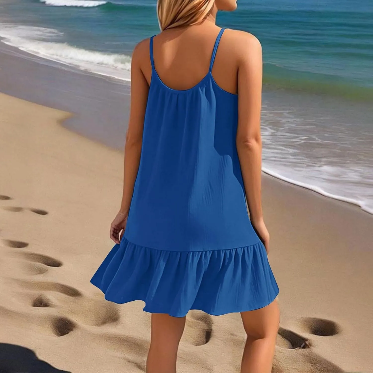 Mini Dresses for Women Summer Sleeveless Spaghetti Straps Tank Dress Loose Boho Beach Tiered Flowy Dress Sundress