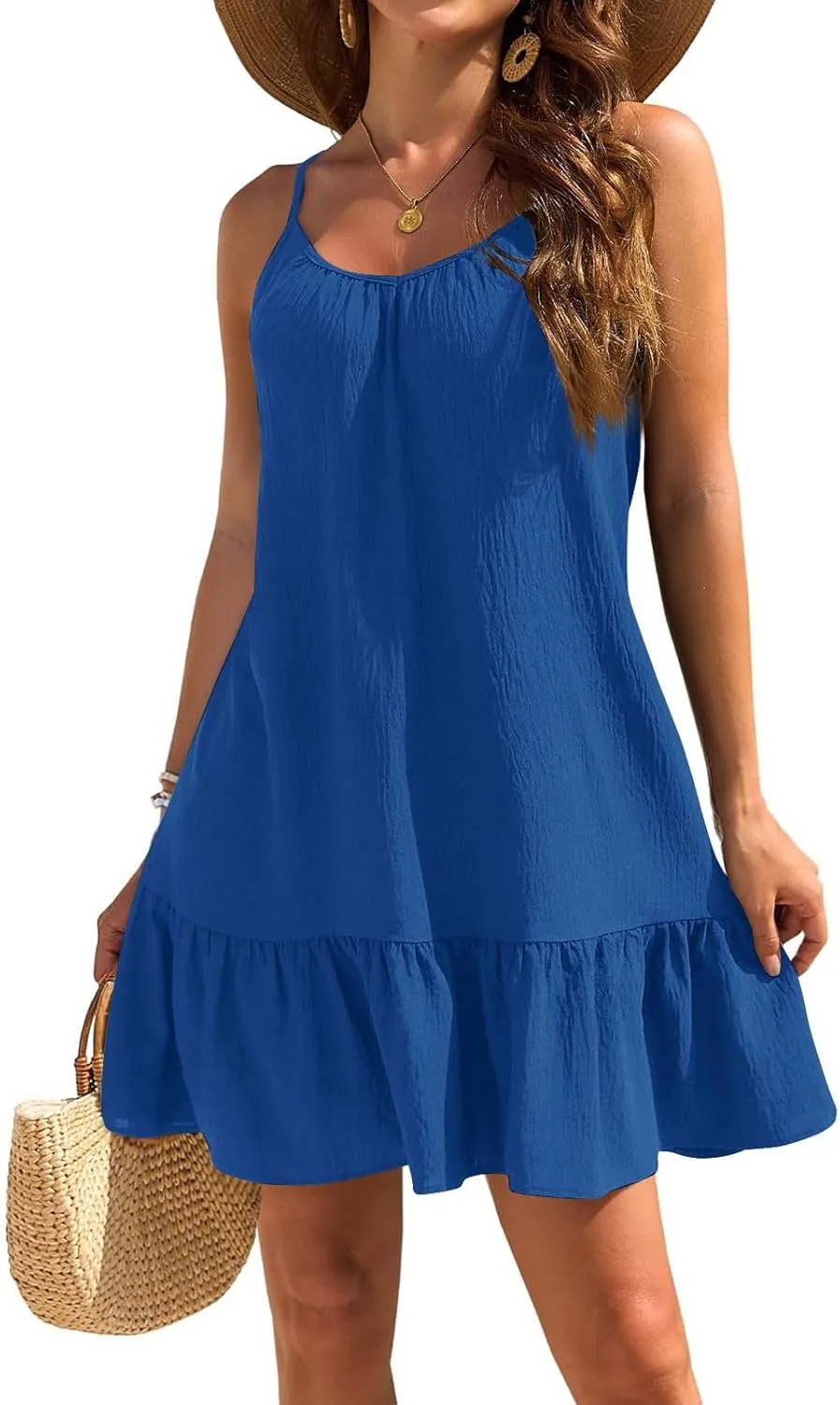 Mini Dresses for Women Summer Sleeveless Spaghetti Straps Tank Dress Loose Boho Beach Tiered Flowy Dress Sundress