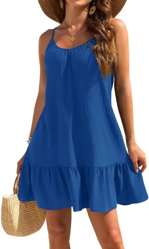 Mini Dresses for Women Summer Sleeveless Spaghetti Straps Tank Dress Loose Boho Beach Tiered Flowy Dress Sundress