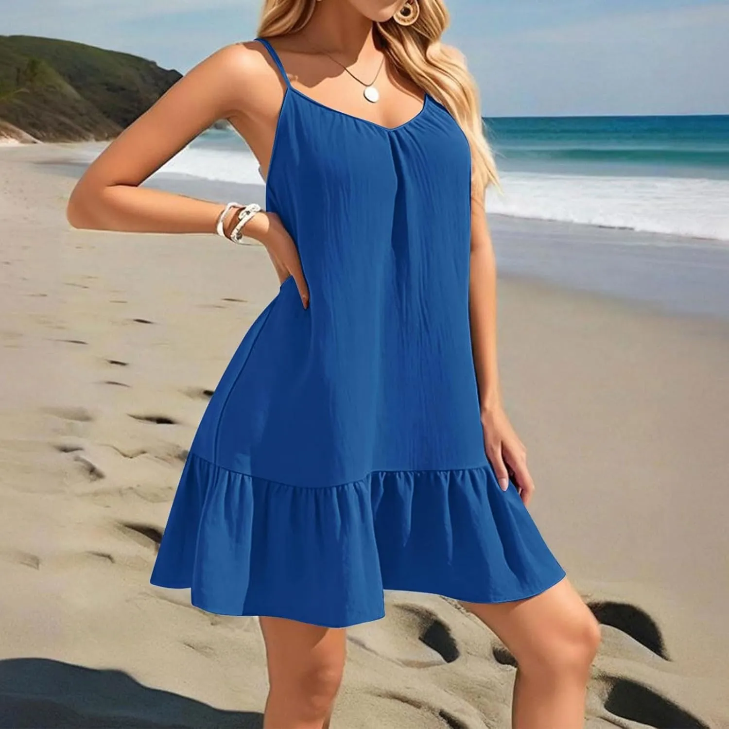 Mini Dresses for Women Summer Sleeveless Spaghetti Straps Tank Dress Loose Boho Beach Tiered Flowy Dress Sundress