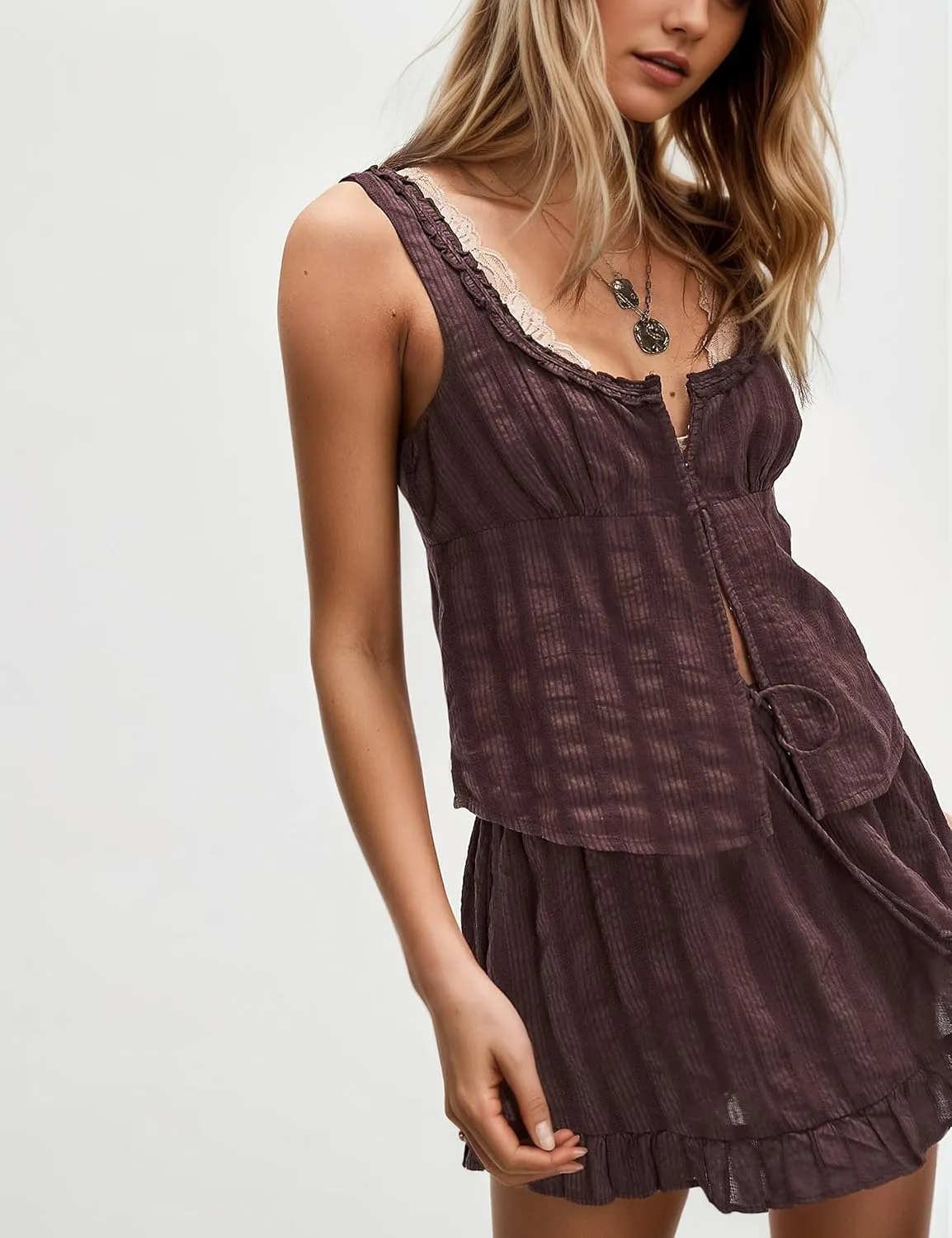 MISSACTIVER Summer 2 Piece Skirt Sets For Women Sleeveless Button Down Crop Tank Top Mini Skort Going Out Sets