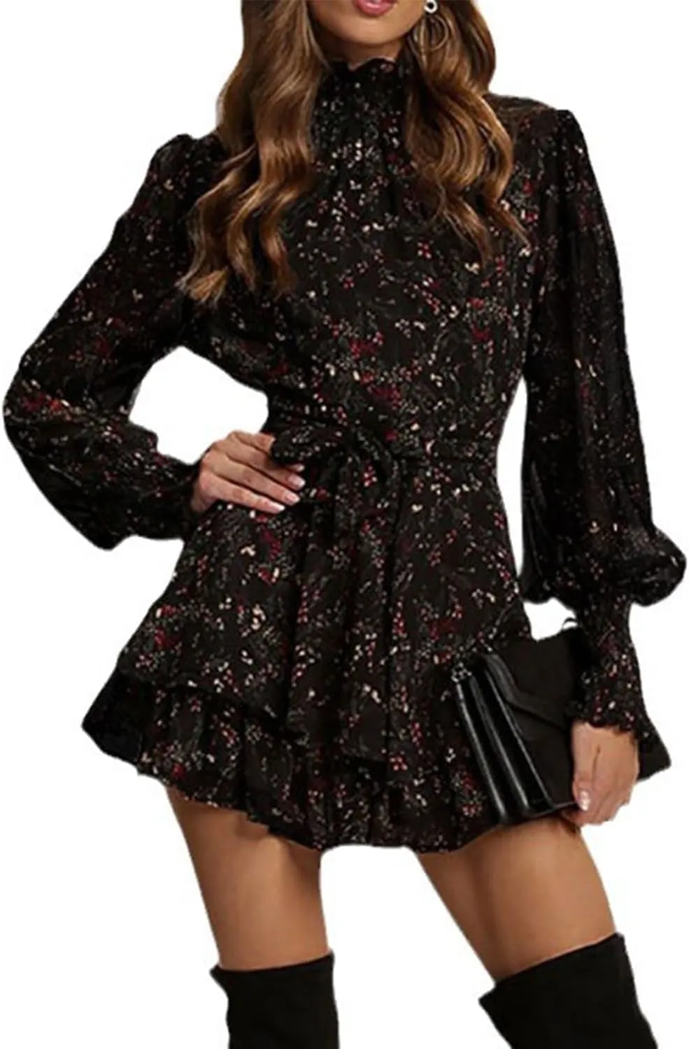 MOLERFO Women's Floral Print Mini Dress Mock Neck Sheer Long Sleeve Dress Tie Waist Layered Ruffle Dresses (Black,X-Large)