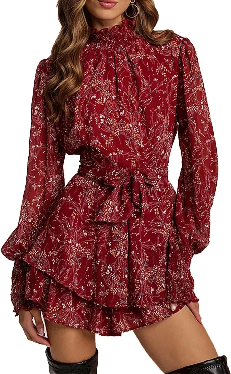 MOLERFO Women's Floral Print Mini Dress Mock Neck Sheer Long Sleeve Dress Tie Waist Layered Ruffle Dresses (Red,Medium)