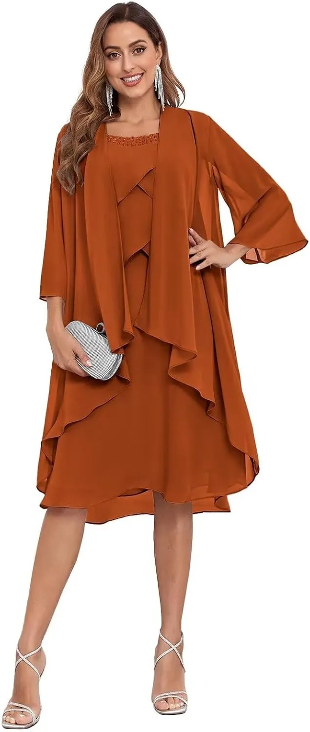 Mother of The Bride Dresses for Wedding 2 Piece Tiered Beaded Chiffon Knee Length Formal Evening Gowns with Jacket