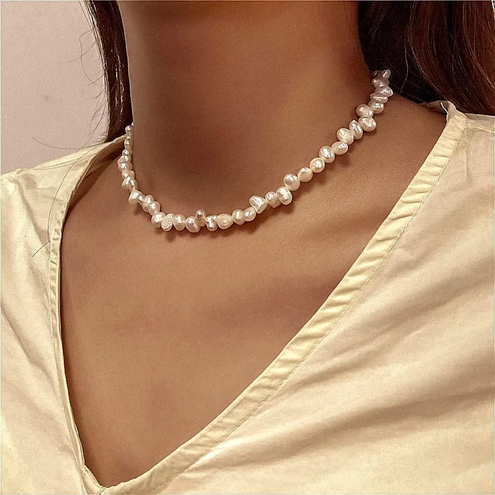 Natural Freshwater 5-10mm Baroque Pearsl Choker Necklace for Women White Pearl Beaded Necklace Strand Elegant Summer Layering Jewelry for Wedding Bride Bridesmaids Gift 16" Princess Length