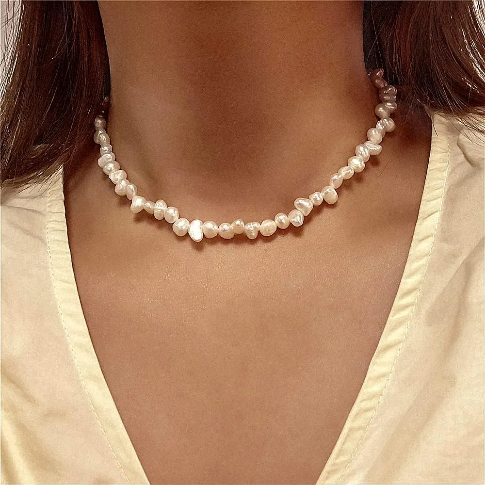 Natural Freshwater 5-10mm Baroque Pearsl Choker Necklace for Women White Pearl Beaded Necklace Strand Elegant Summer Layering Jewelry for Wedding Bride Bridesmaids Gift 16" Princess Length