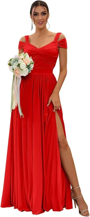 Off The Shoulder Plus Size Bridesmaid Dresses with Slit Chiffon Long Red Formal Evening Gown for Women Size 24W