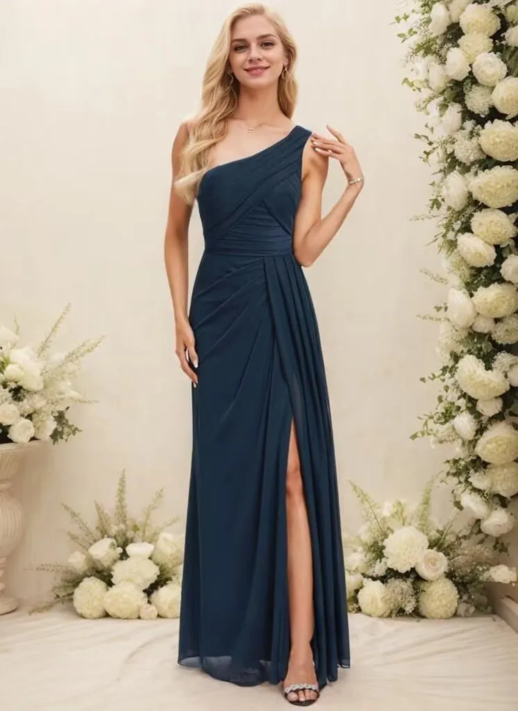 One Shoulder Chiffon Bridesmaid Dresses A Line Pleated Maxi Formal Dresses for Women with Split