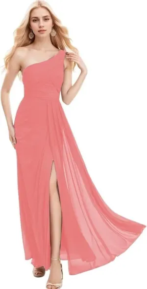 One Shoulder Chiffon Bridesmaid Dresses A Line Pleated Maxi Formal Dresses for Women with Split