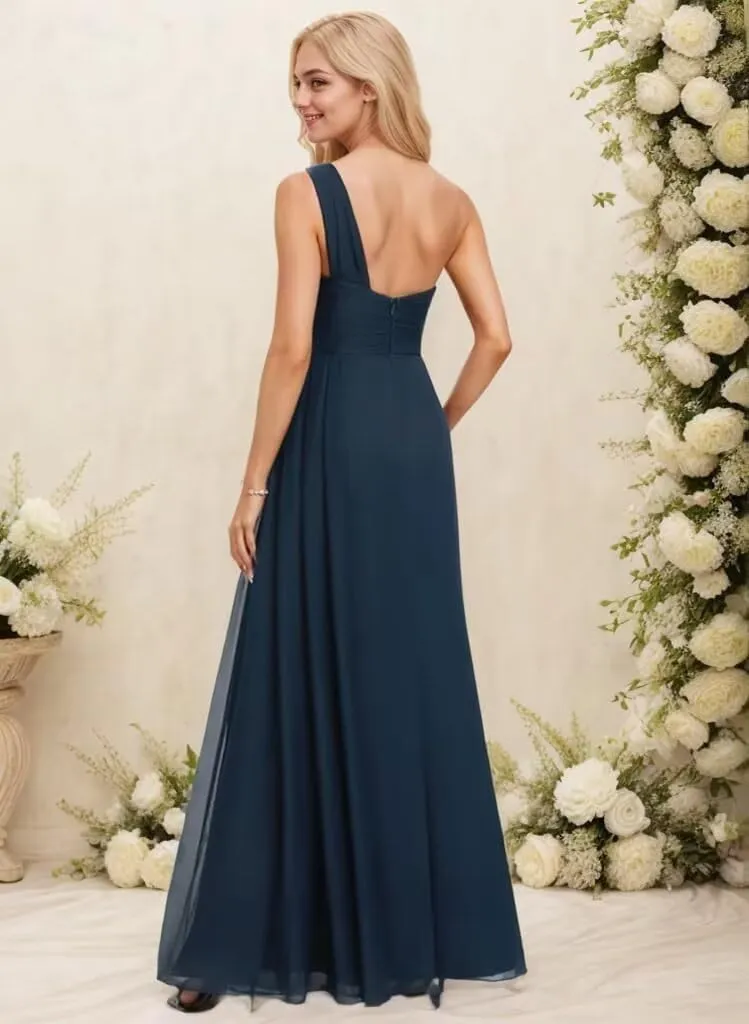 One Shoulder Chiffon Bridesmaid Dresses A Line Pleated Maxi Formal Dresses for Women with Split