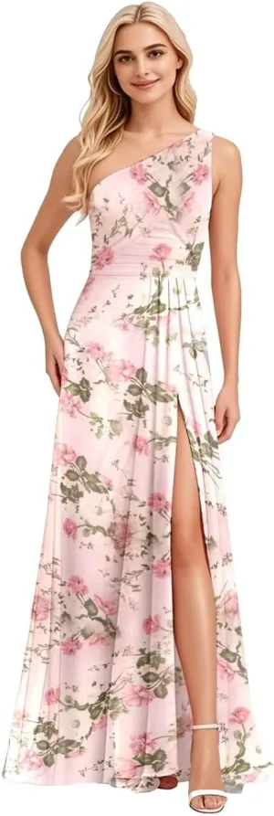 One Shoulder Chiffon Bridesmaid Dresses A Line Pleated Maxi Formal Dresses for Women with Split