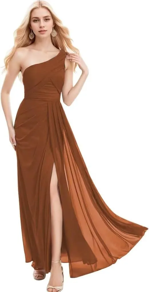 One Shoulder Chiffon Bridesmaid Dresses A Line Pleated Maxi Formal Dresses for Women with Split