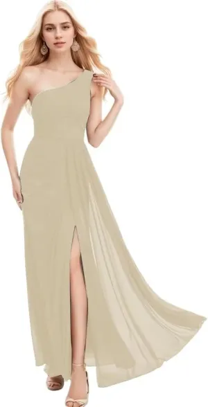 One Shoulder Chiffon Bridesmaid Dresses A Line Pleated Maxi Formal Dresses for Women with Split