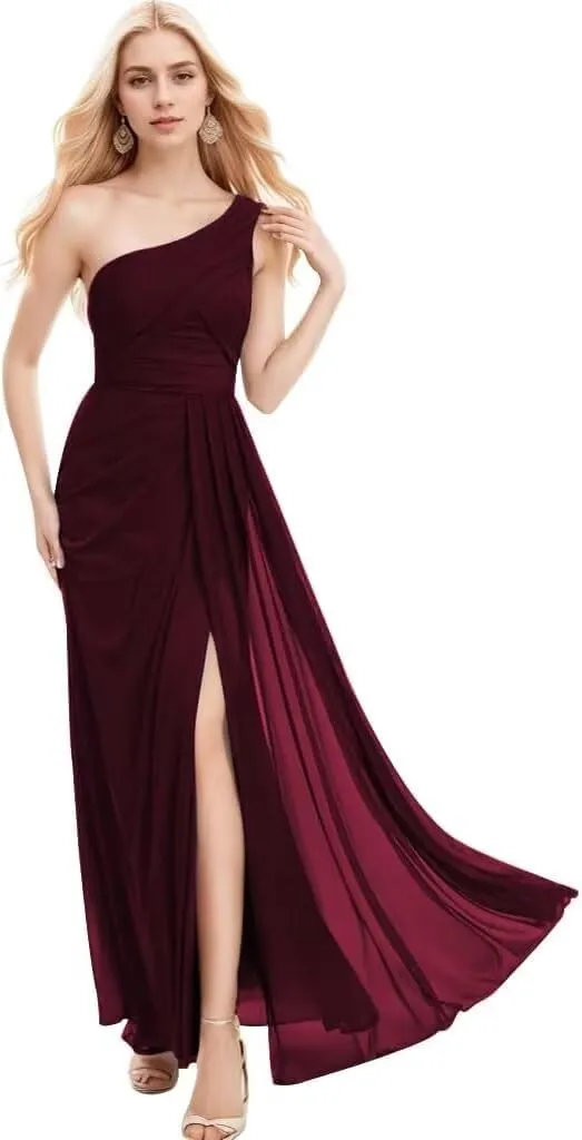 One Shoulder Chiffon Bridesmaid Dresses A Line Pleated Maxi Formal Dresses for Women with Split