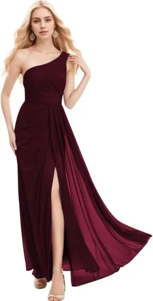 One Shoulder Chiffon Bridesmaid Dresses A Line Pleated Maxi Formal Dresses for Women with Split