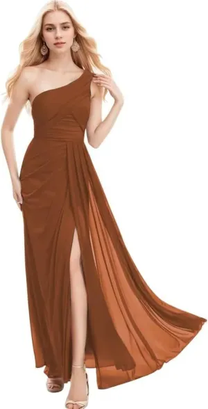 One Shoulder Chiffon Bridesmaid Dresses A Line Pleated Maxi Formal Dresses for Women with Split