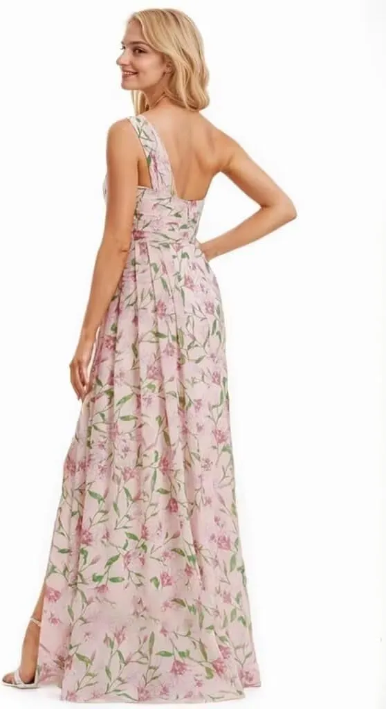 One Shoulder Chiffon Bridesmaid Dresses A Line Pleated Maxi Formal Dresses for Women with Split
