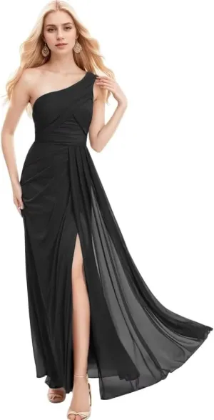 One Shoulder Chiffon Bridesmaid Dresses A Line Pleated Maxi Formal Dresses for Women with Split