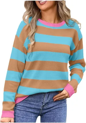 Orange and White Striped Sweater Oversized Sweatshirt Trendy Crewneck Tops Loose Long Sleeve Casual Stylish Pullover