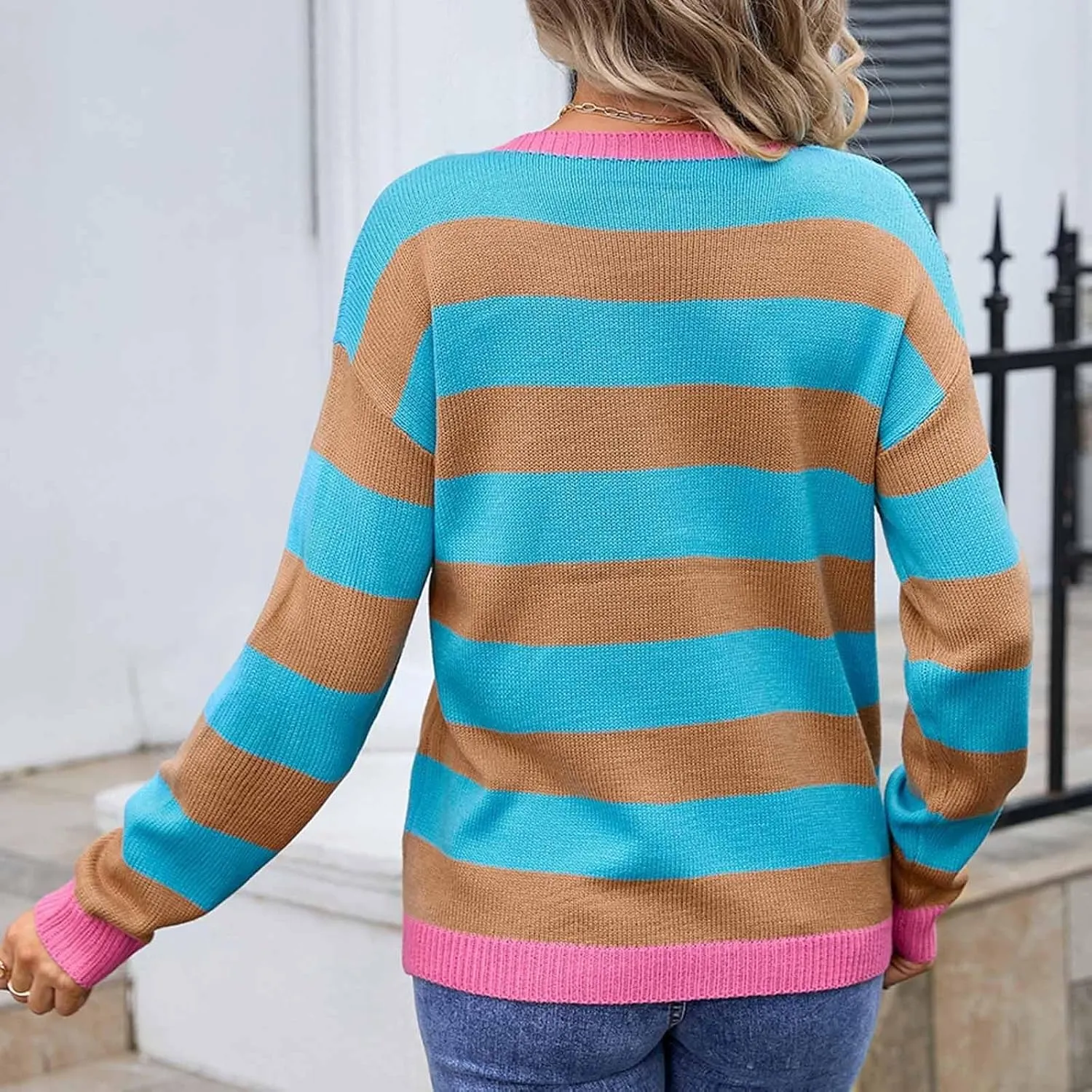 Orange and White Striped Sweater Oversized Sweatshirt Trendy Crewneck Tops Loose Long Sleeve Casual Stylish Pullover