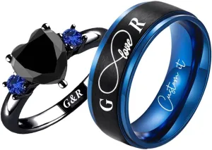 Ouryet Personalized Couple Matching Rings Set Stainless Steel Engraved Names Promise Rings for him and her black Matching Wedding Bands for Couples His and Her Engagement Rings,Size 5-13
