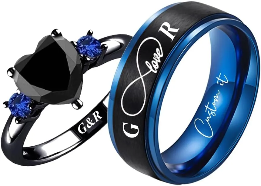 Ouryet Personalized Couple Matching Rings Set Stainless Steel Engraved Names Promise Rings for him and her black Matching Wedding Bands for Couples His and Her Engagement Rings,Size 5-13