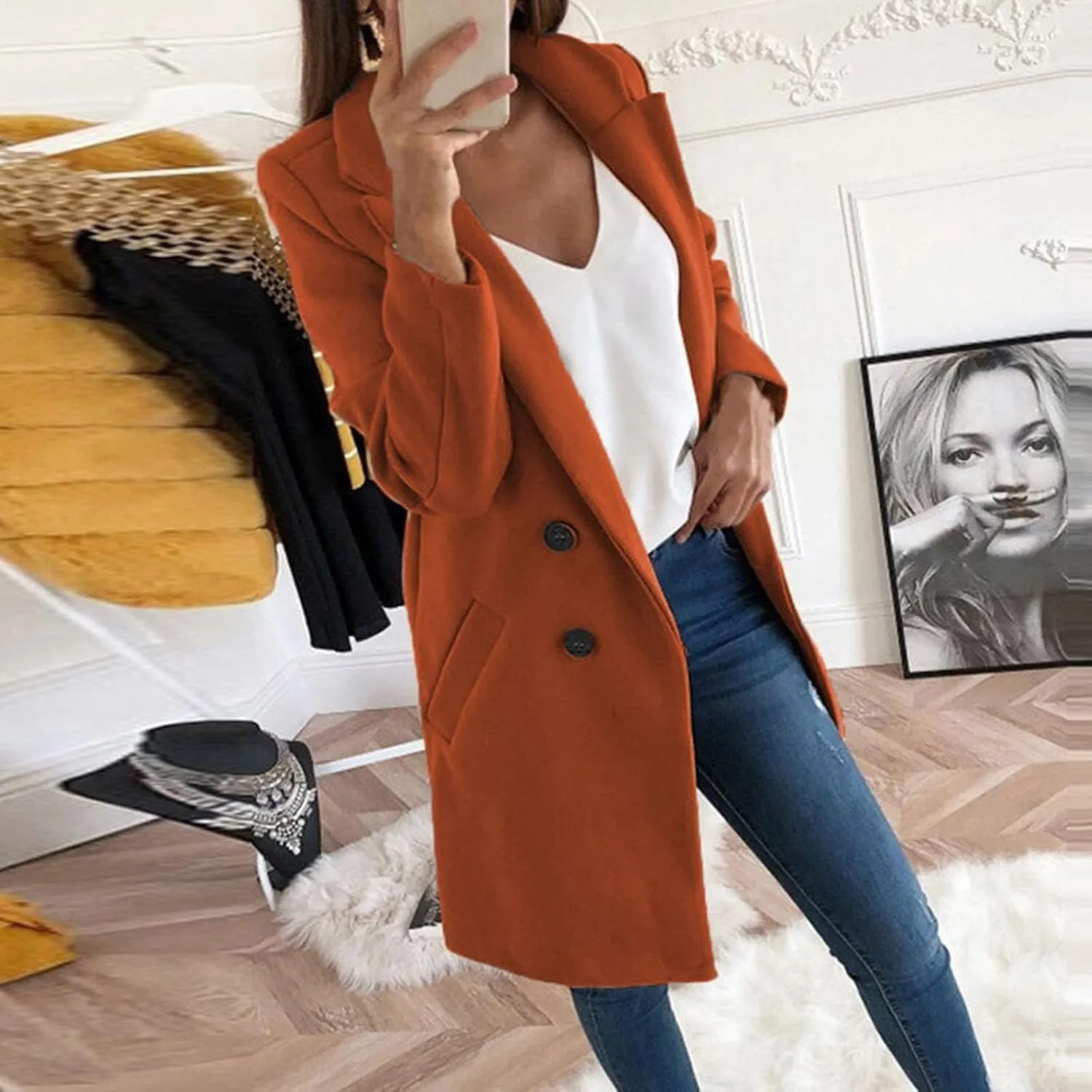 Overcoat for Women, Women's Tartan Trench Peacoat Elegant Notched Collar Coat Single Breasted Wool Jacket