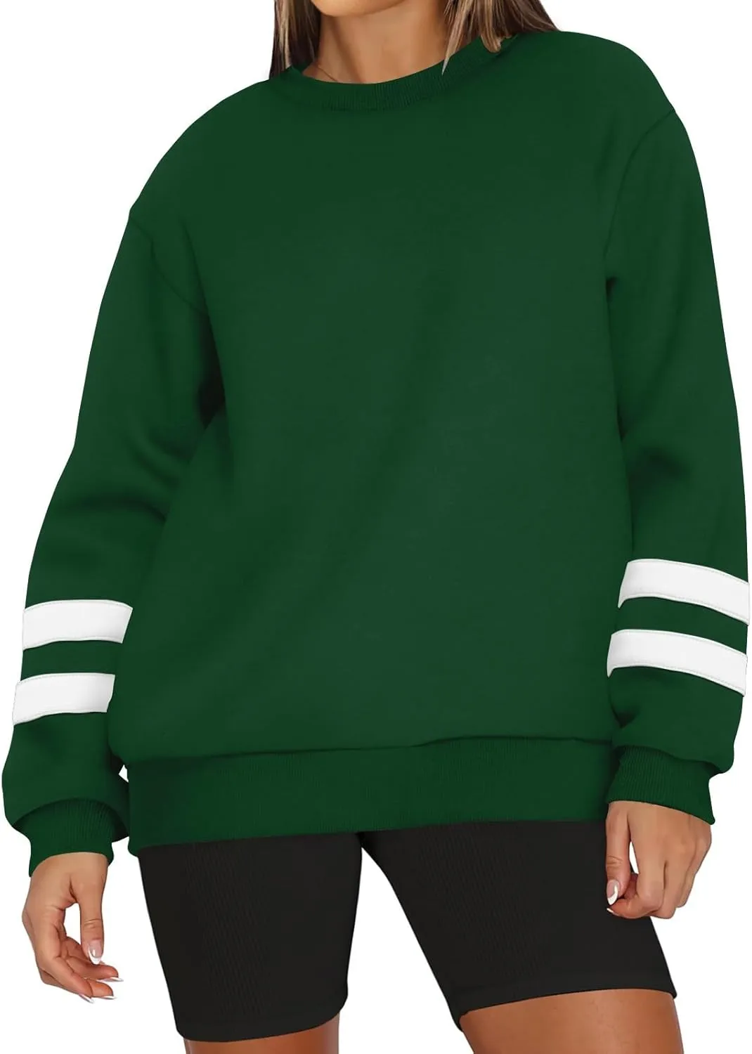 Oversized Crewneck Sweatshirt Women Fleece Pullover Sweaters Plus Size Cute Teen Preppy Striped Sweat Shirts Y2K Tops