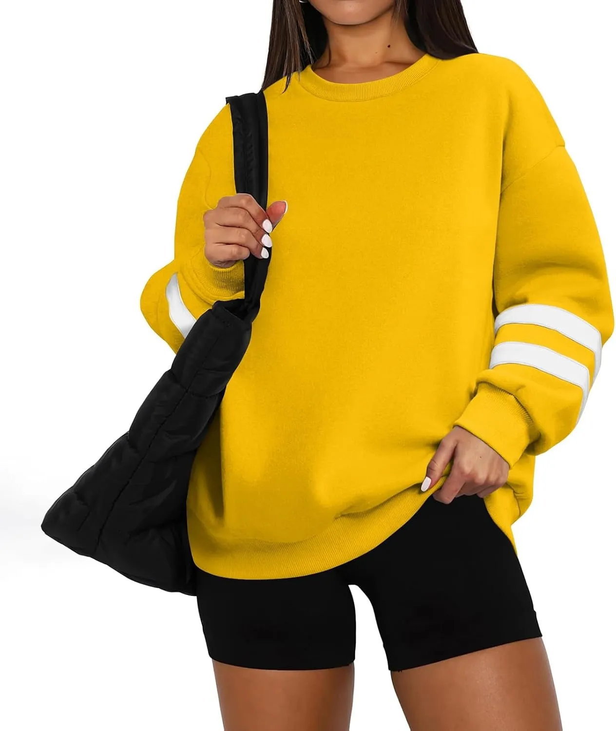 Oversized Crewneck Sweatshirt Women Fleece Pullover Sweaters Plus Size Cute Teen Preppy Striped Sweat Shirts Y2K Tops
