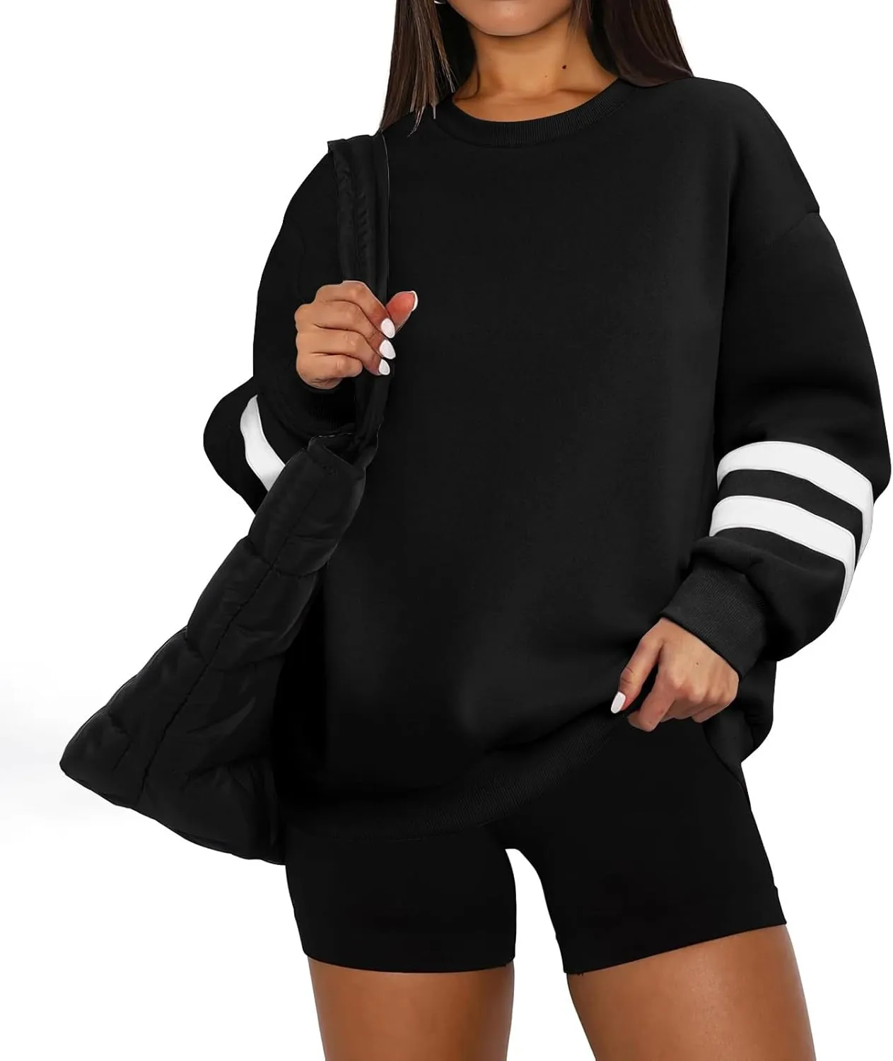 Oversized Crewneck Sweatshirt Women Fleece Pullover Sweaters Plus Size Cute Teen Preppy Striped Sweat Shirts Y2K Tops
