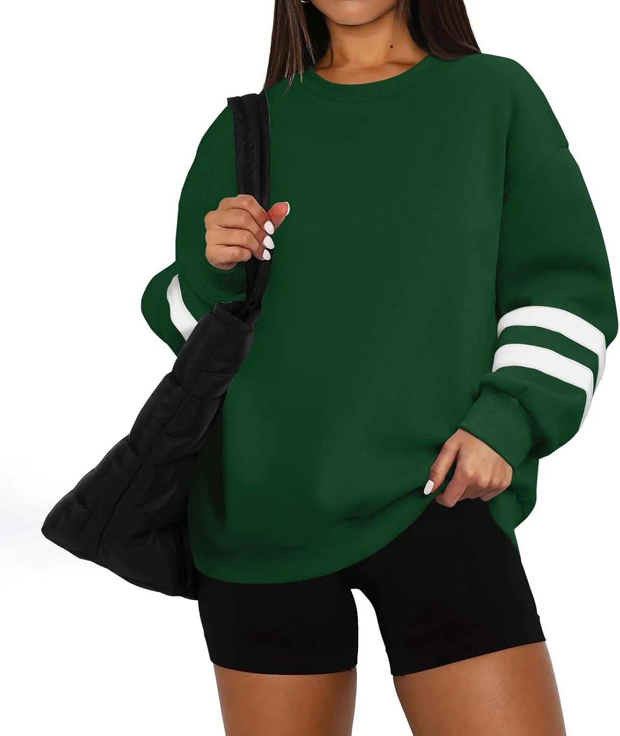 Oversized Crewneck Sweatshirt Women Fleece Pullover Sweaters Plus Size Cute Teen Preppy Striped Sweat Shirts Y2K Tops