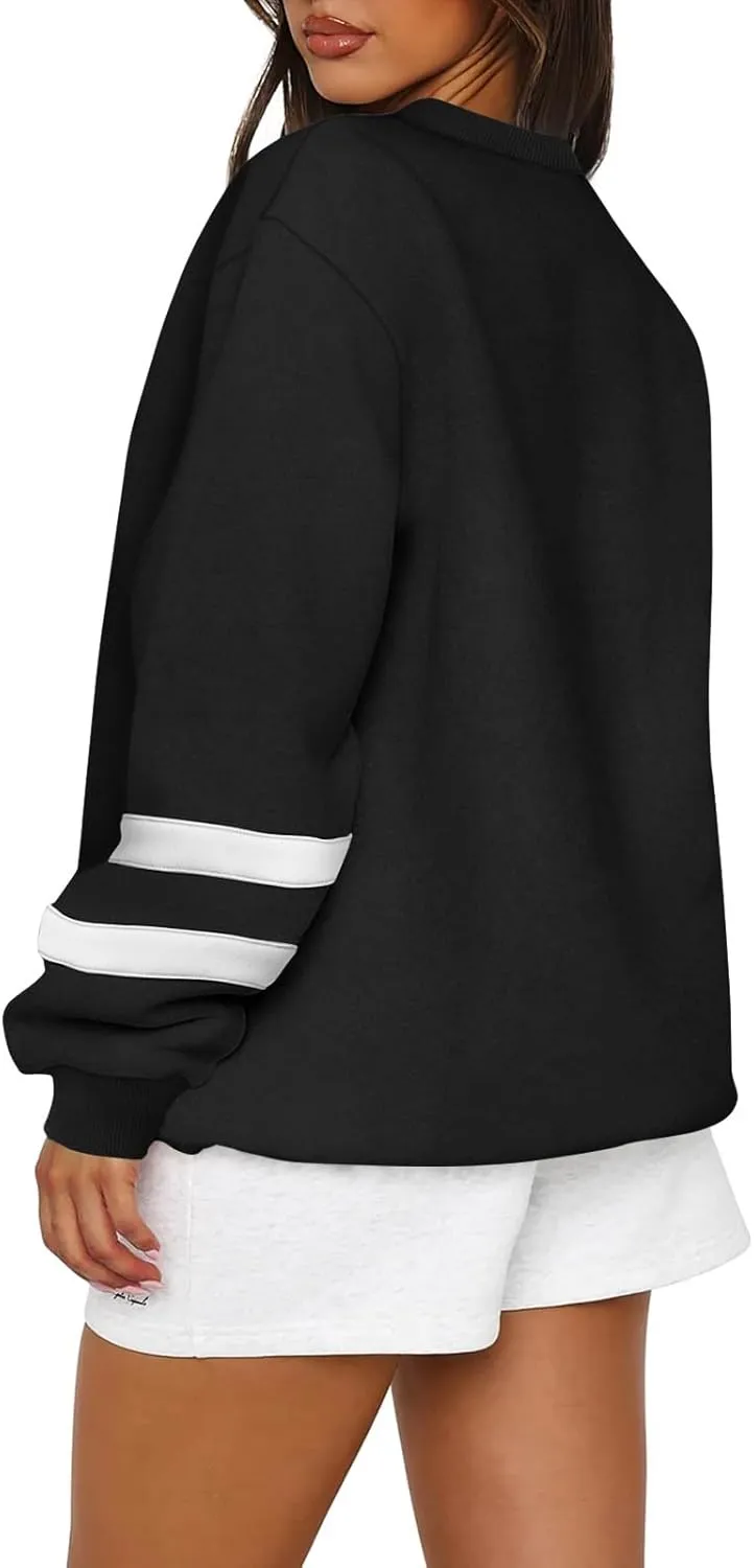 Oversized Crewneck Sweatshirt Women Fleece Pullover Sweaters Plus Size Cute Teen Preppy Striped Sweat Shirts Y2K Tops