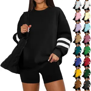 Oversized Crewneck Sweatshirt Women Fleece Pullover Sweaters Plus Size Cute Teen Preppy Striped Sweat Shirts Y2K Tops