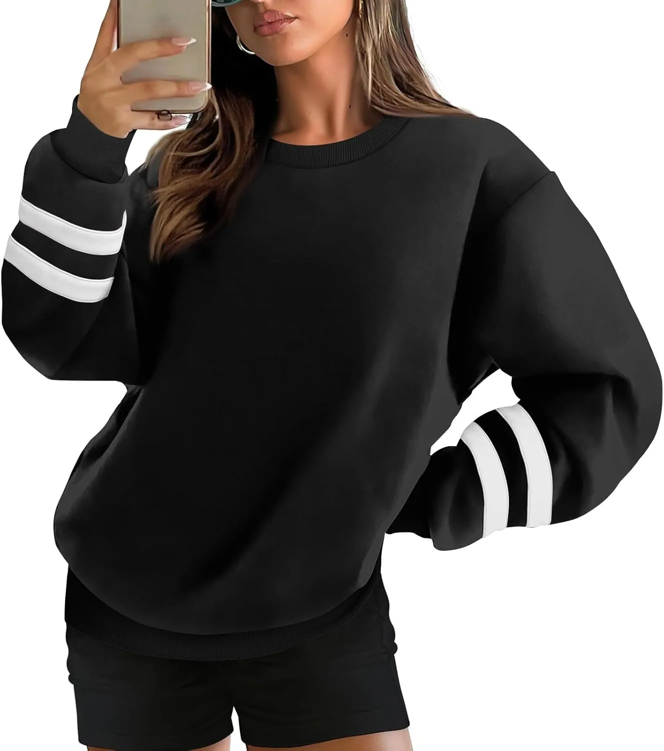 Oversized Crewneck Sweatshirt Women Fleece Pullover Sweaters Plus Size Cute Teen Preppy Striped Sweat Shirts Y2K Tops