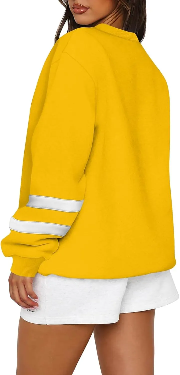 Oversized Crewneck Sweatshirt Women Fleece Pullover Sweaters Plus Size Cute Teen Preppy Striped Sweat Shirts Y2K Tops