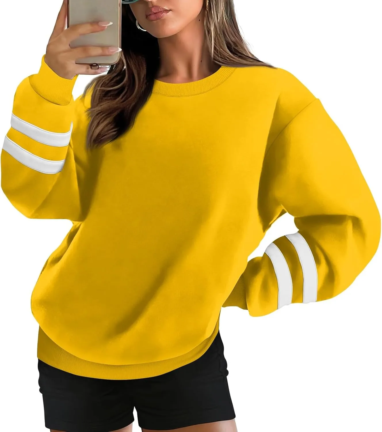 Oversized Crewneck Sweatshirt Women Fleece Pullover Sweaters Plus Size Cute Teen Preppy Striped Sweat Shirts Y2K Tops