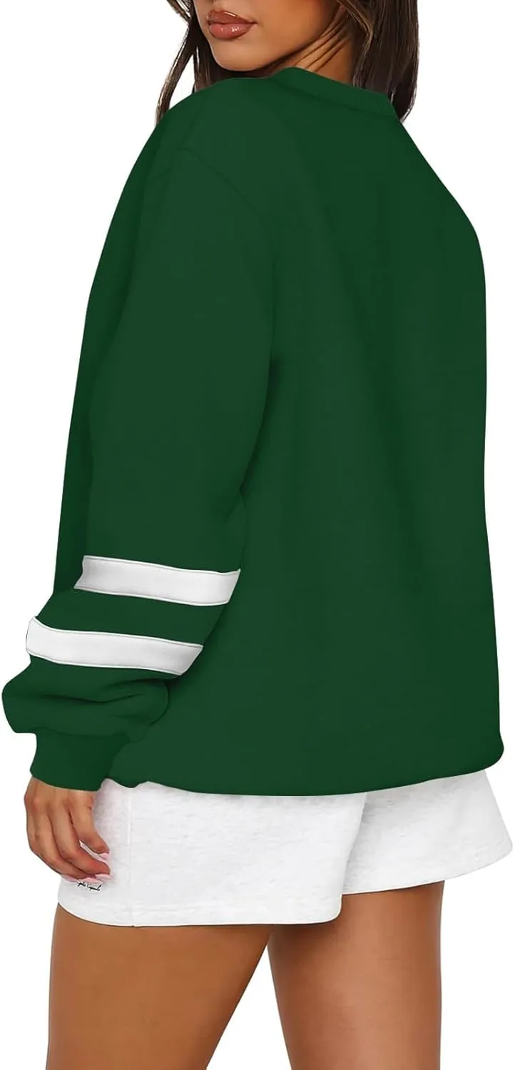 Oversized Crewneck Sweatshirt Women Fleece Pullover Sweaters Plus Size Cute Teen Preppy Striped Sweat Shirts Y2K Tops