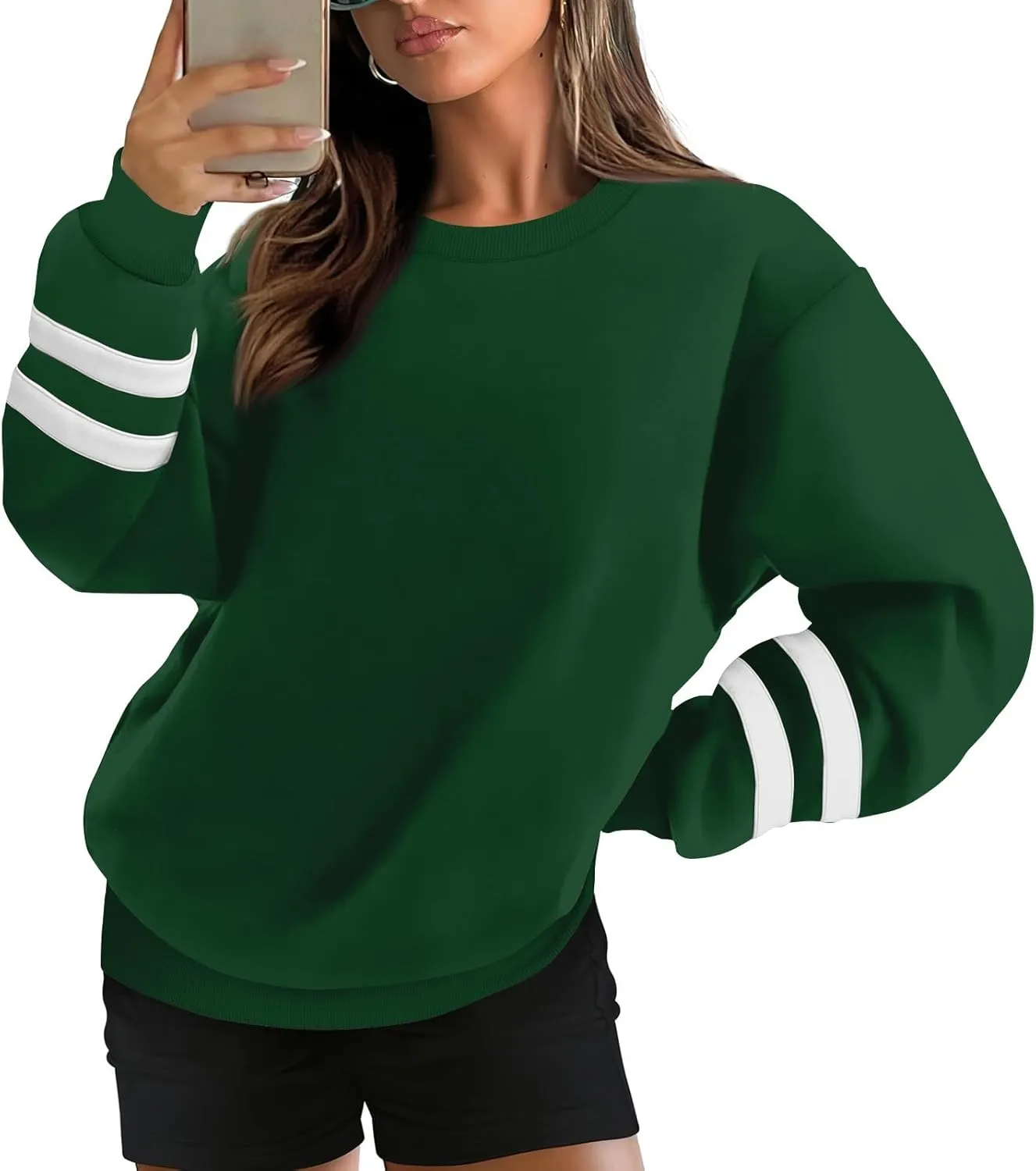 Oversized Crewneck Sweatshirt Women Fleece Pullover Sweaters Plus Size Cute Teen Preppy Striped Sweat Shirts Y2K Tops