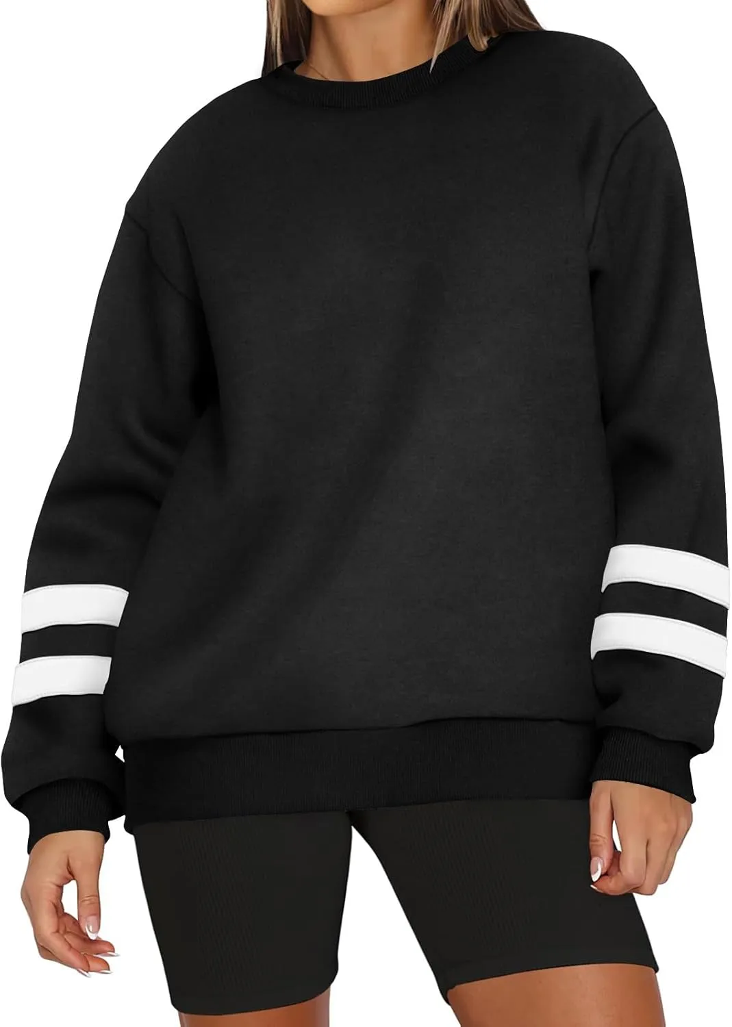 Oversized Crewneck Sweatshirt Women Fleece Pullover Sweaters Plus Size Cute Teen Preppy Striped Sweat Shirts Y2K Tops