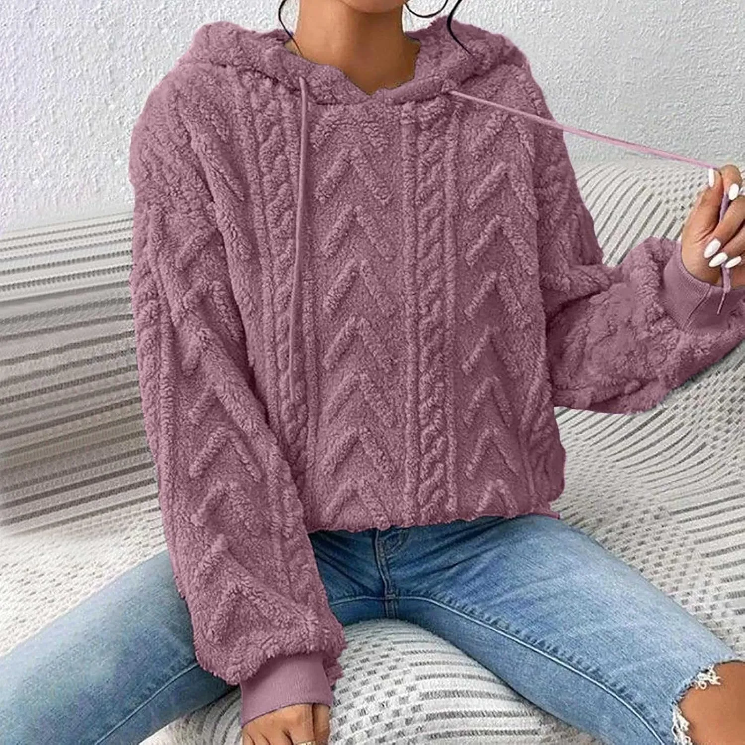 Oversized Hoodie For Women, Cable Knit Fuzzy Pullover Sweatshirt, Fall Clothes
