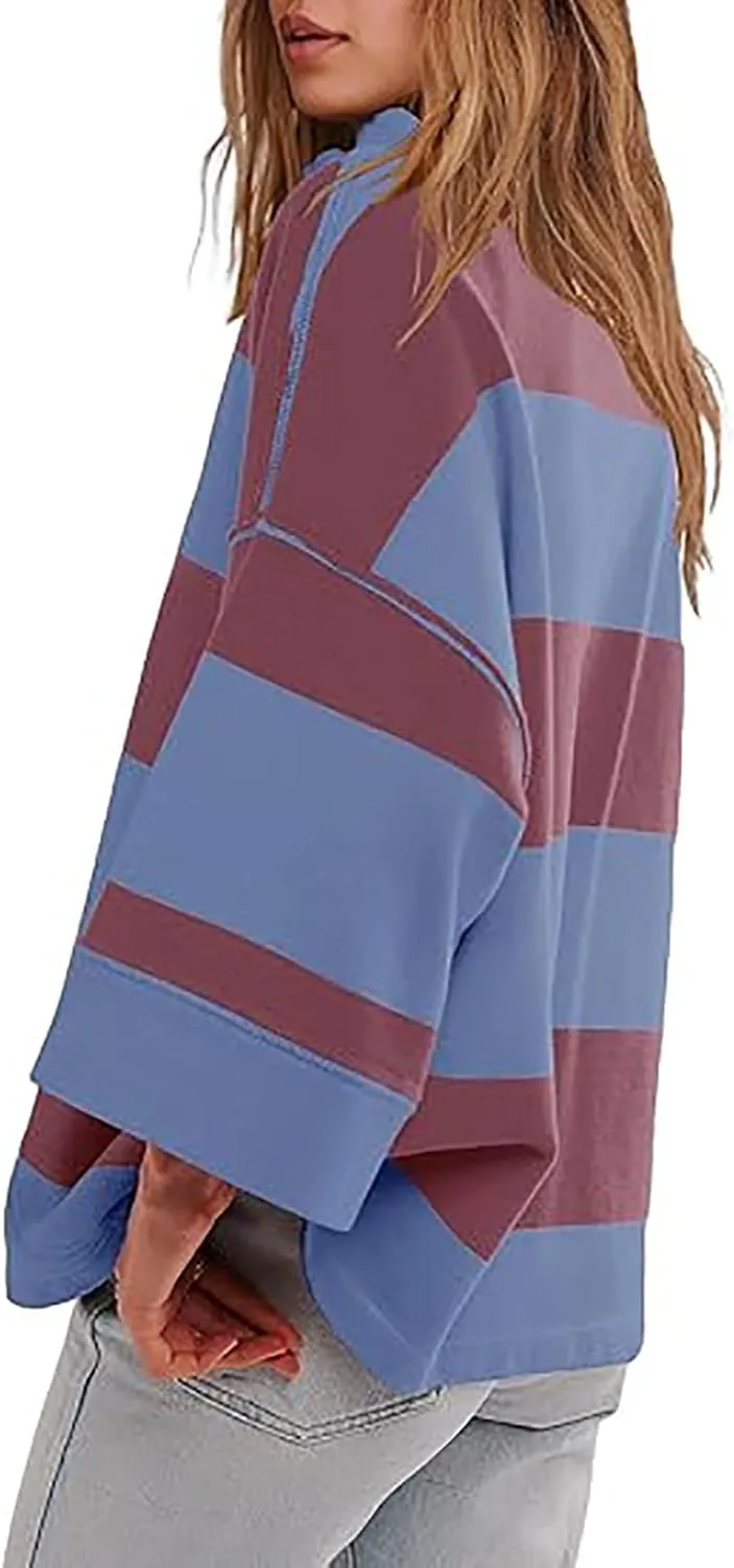 Oversized Sweatshirt Long Sleeve Half Zip Casual Tops for Women V Neck Striped Colour Block 2024 Fashion Fall Sweater