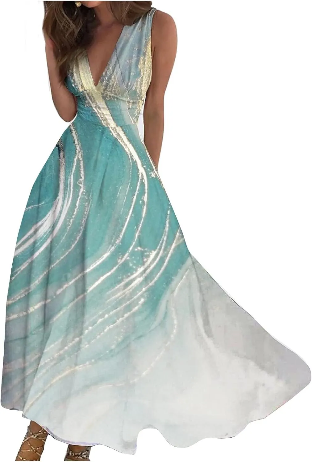 Palaver Summer Dresses for Women 2025 Elegant Wrap V Neck Sleeveless Maxi Dress Print Flowy Beach Vacation Boho Sundresses