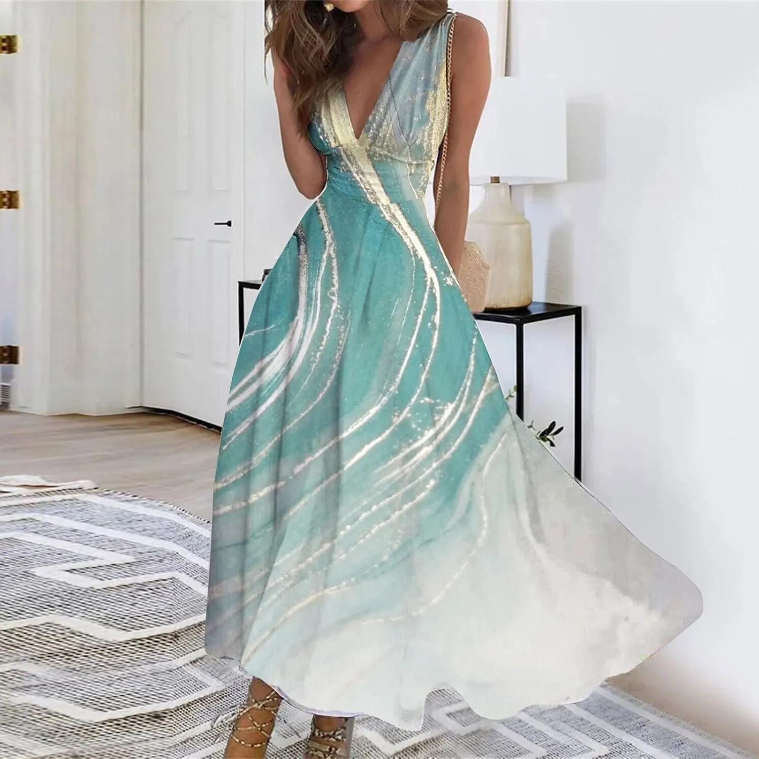 Palaver Summer Dresses for Women 2025 Elegant Wrap V Neck Sleeveless Maxi Dress Print Flowy Beach Vacation Boho Sundresses