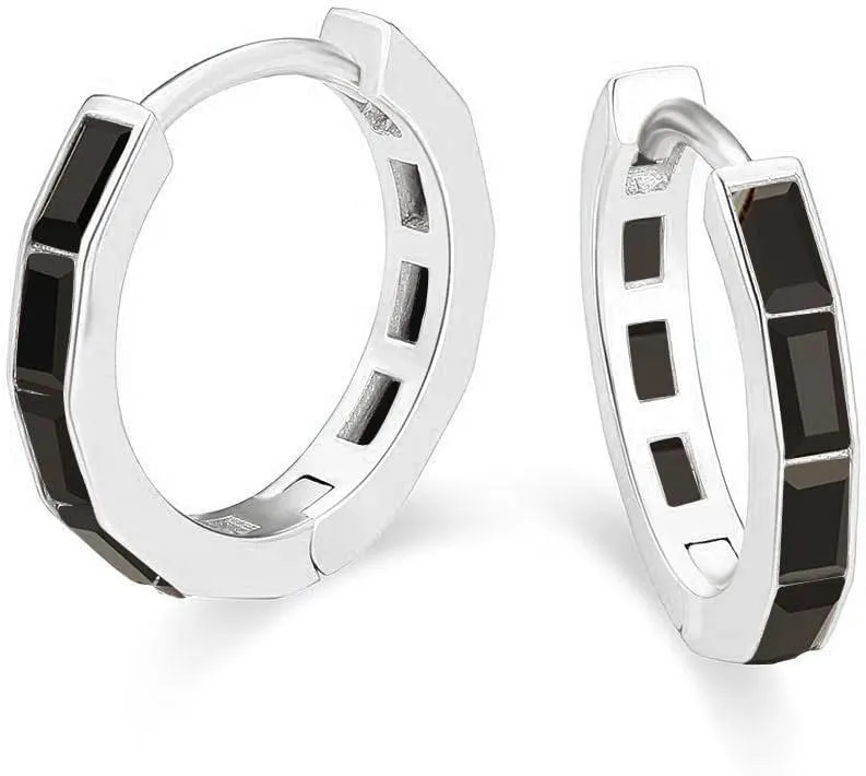 Paris Jewelry 18K White Gold Created Black 3Ct Emerald Cut Huggie Hoop Earrings Plated