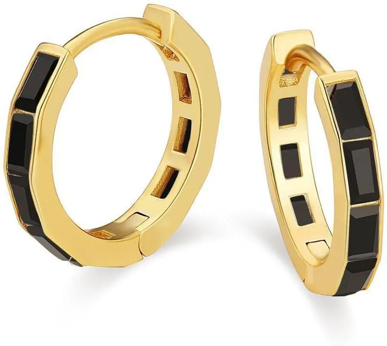 Paris Jewelry 18K Yellow Gold Created Black 3Ct Emerald Cut Huggie Hoop Earrings Plated