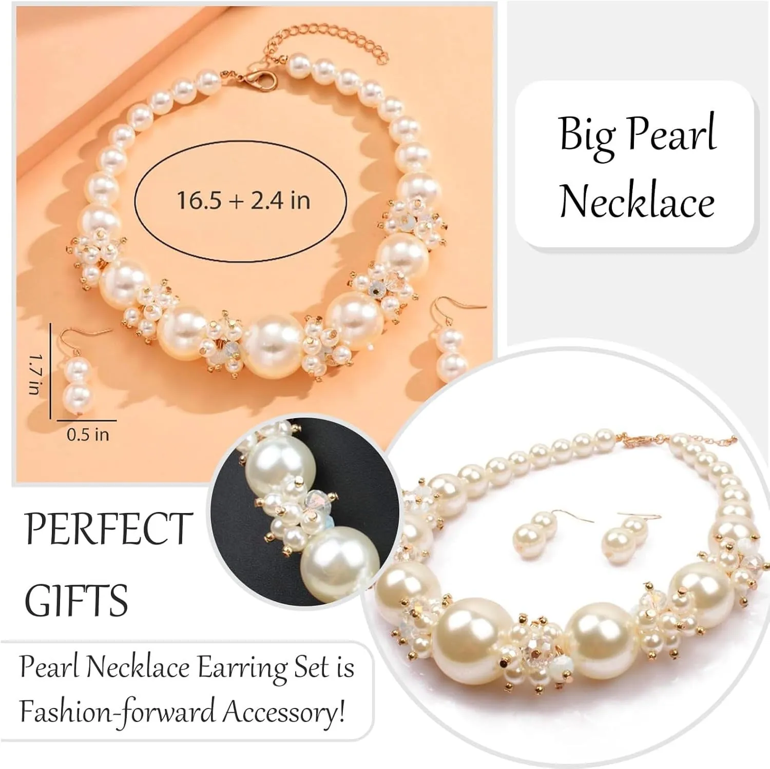 Pearl Necklace and Earring Set Pearl Wedding Jewelry Set for Women Chunky Pearls Choker Necklaces Stud Earrings Bride Bridesmaid Wedding Jewelry Gifts