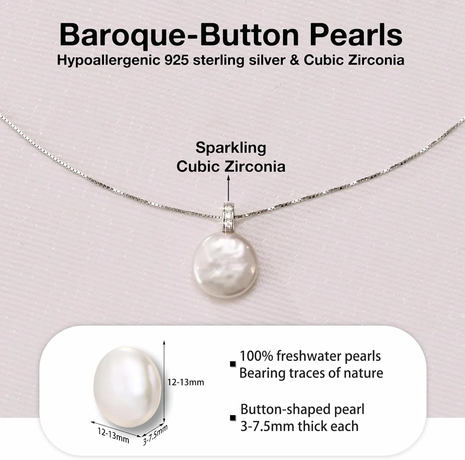 Pearl Pendant Necklace for Women Freshwater Baroque Button Single Pearl with Sparkling Cubic Zirconia 925 Sterling Silver Necklace