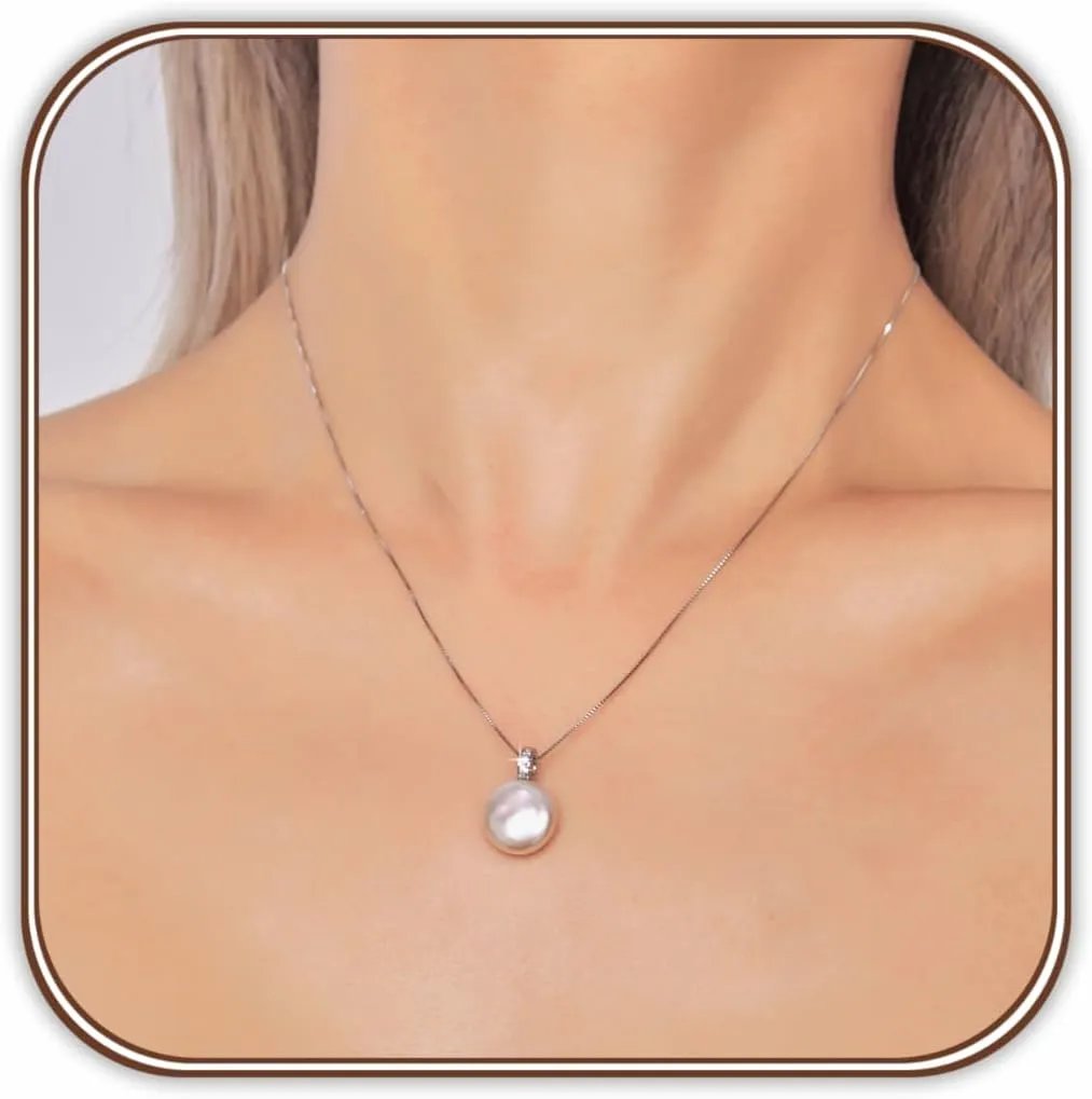 Pearl Pendant Necklace for Women Freshwater Baroque Button Single Pearl with Sparkling Cubic Zirconia 925 Sterling Silver Necklace